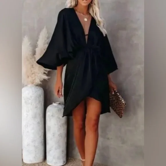 DO+BE | Dresses | Nwt Do Be Little Black Mini Dress With Long Loose Ruffle  Sleeves | Poshmark